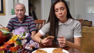Rimmed teen beauty takes grandpa cum in mouth